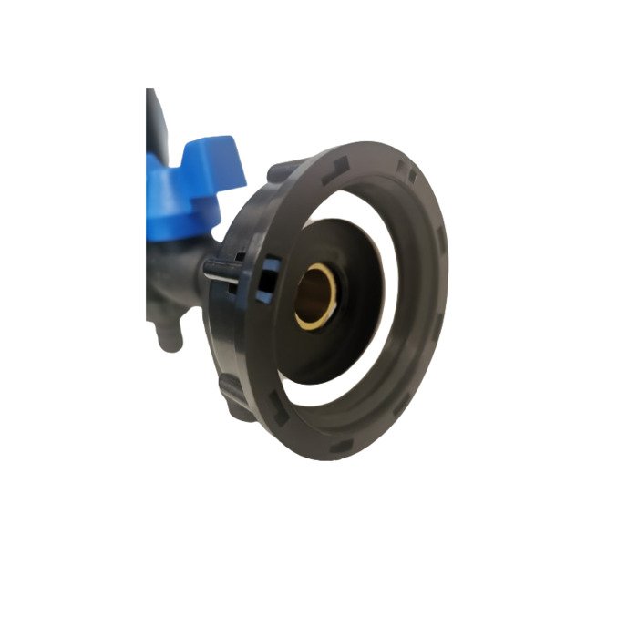 IBC Rutulinis plastikinis ventilis &frac12;, 2 x &frac34;&ldquo; su pajungimu žarnai 5/8&ldquo; (16mm)