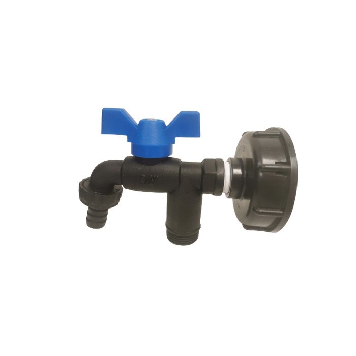 IBC Rutulinis plastikinis ventilis &frac12;, 2 x &frac34;&ldquo; su pajungimu žarnai 5/8&ldquo; (16mm)