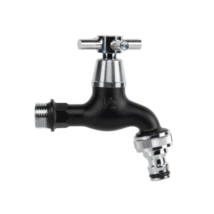 Chromuotas žalvarinis juodas sodo ventilis vandeniui &frac12;&ldquo; i&scaron;.sr, su greita jungtimi